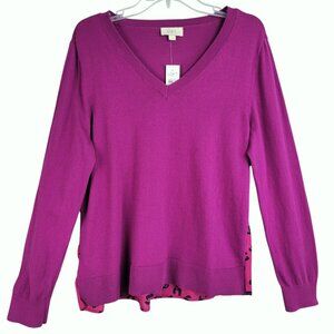 Ann Taylor Loft Sweater Womens L Fuchsia Purple Leopard Print Preppy Animal Chic